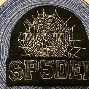 Sparkle Spiderweb Knit Beanie Hat - Black